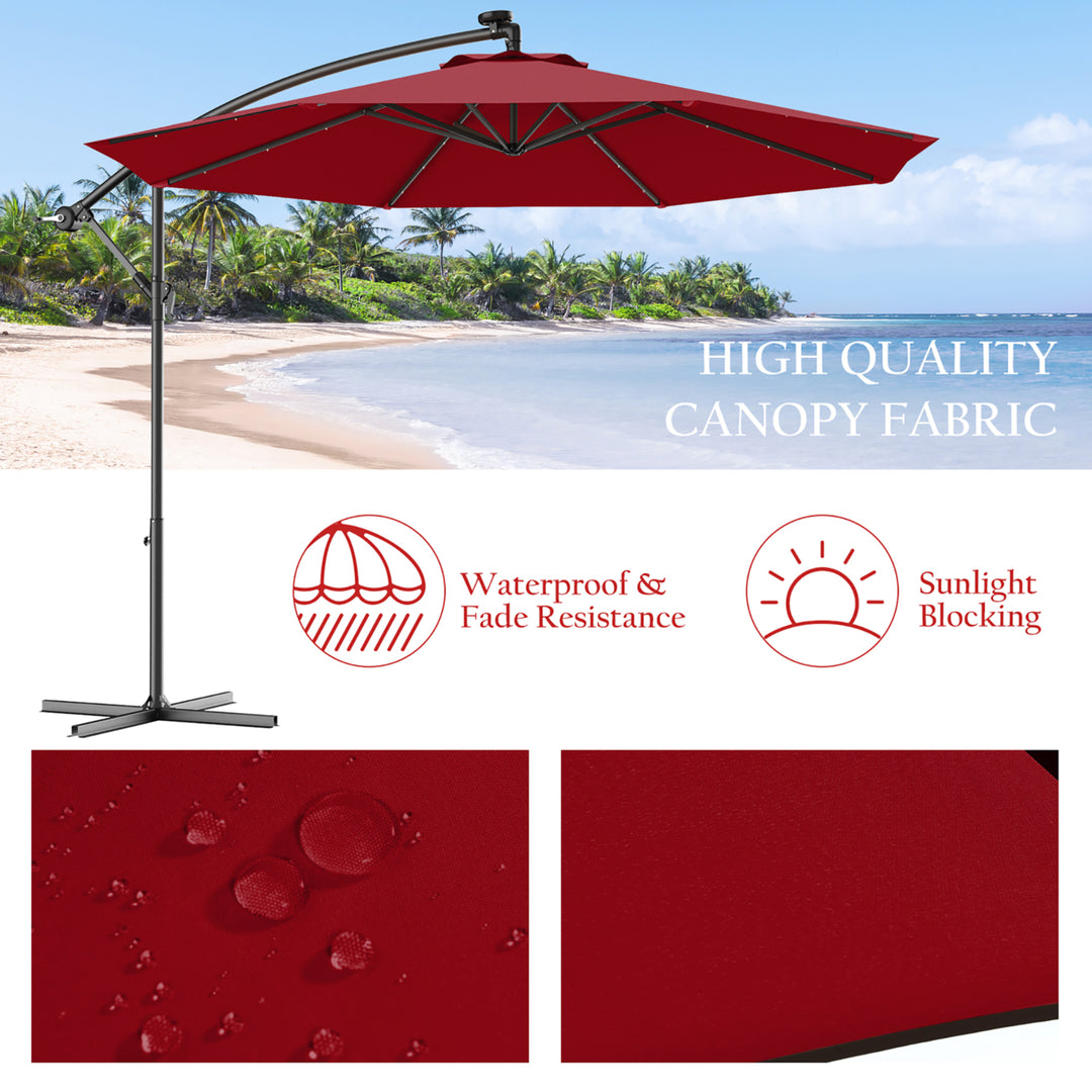 10 Hanging Solar LED Umbrella Patio Sun Shade Offset Market W/Base Burgundy Image 8