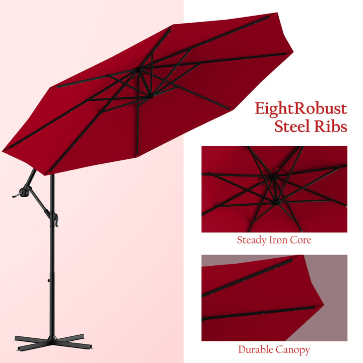 10 Hanging Solar LED Umbrella Patio Sun Shade Offset Market W/Base Burgundy Image 9