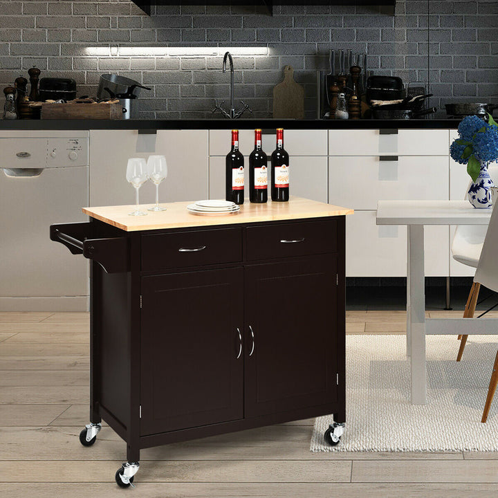 Modern Rolling Kitchen Island Cart Wood Top Storage Trolley with Storage Drawers Image 5