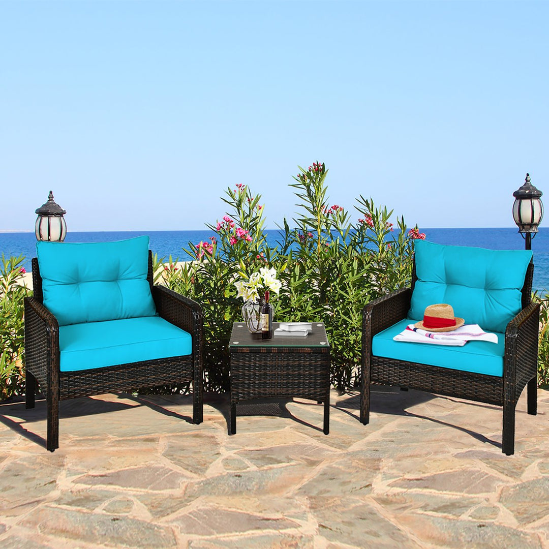 Costway 3PCS Outdoor Rattan Conversation Set Patio Garden Cushioned Sofa Chair Turquoise Image 1