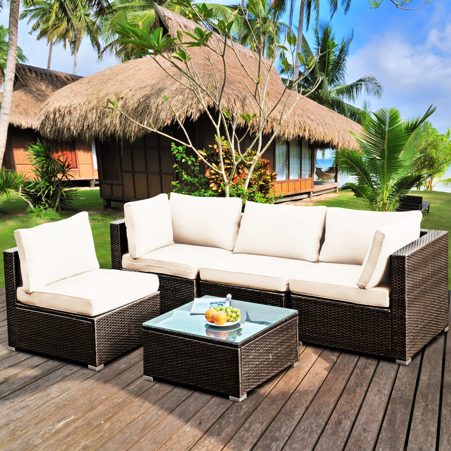 5PCS Rattan Patio Conversation Set Sofa Furniture Set w/ White Cushions Image 1