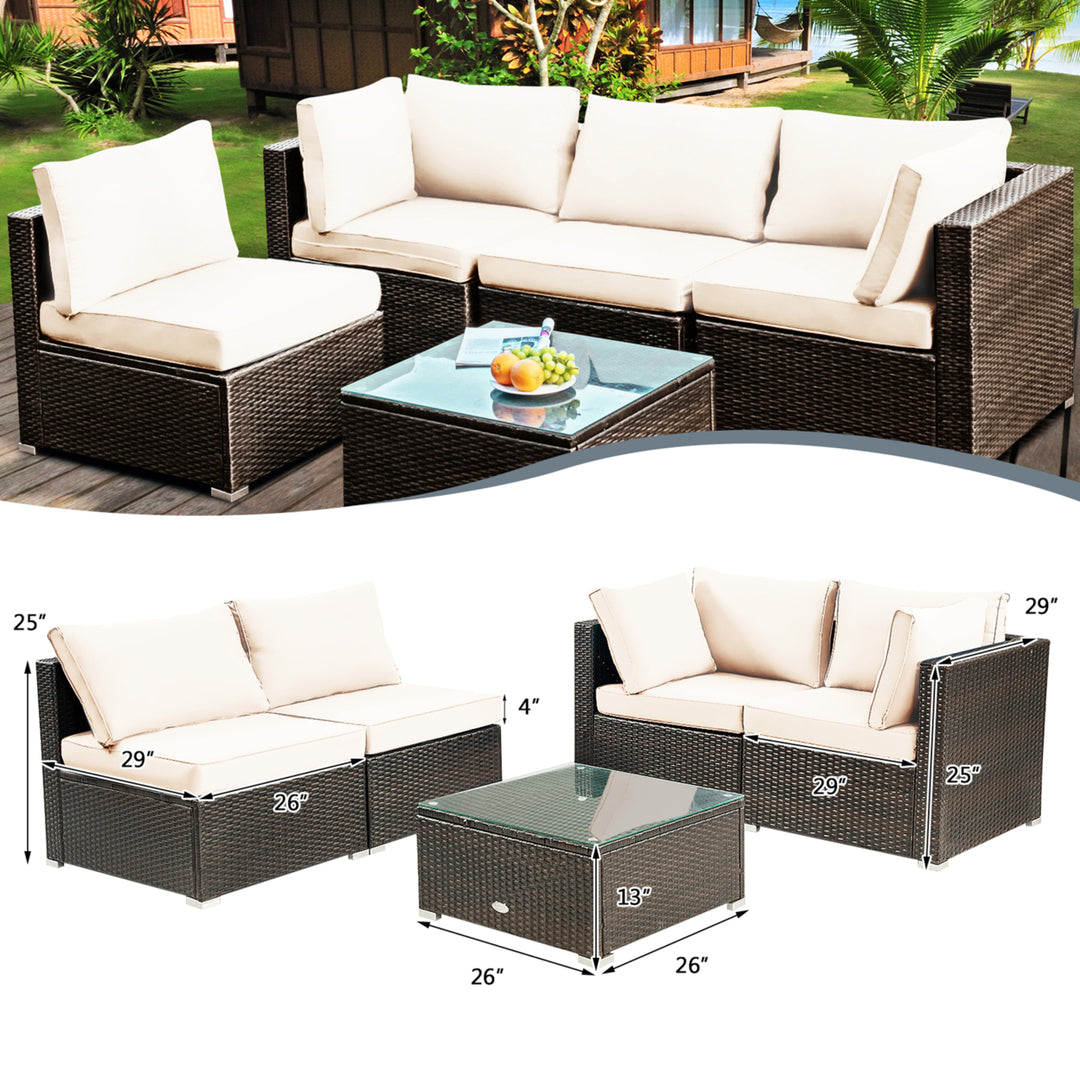 5PCS Rattan Patio Conversation Set Sofa Furniture Set w/ White Cushions Image 9