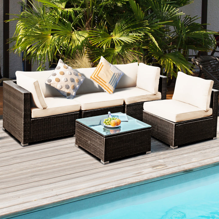 5PCS Rattan Patio Conversation Set Sofa Furniture Set w/ White Cushions Image 4