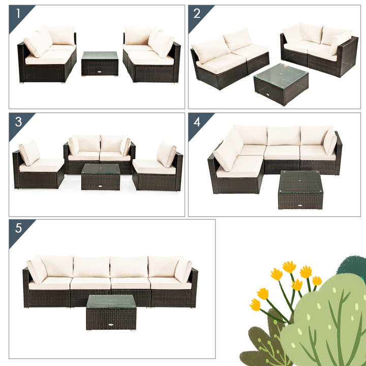 5PCS Rattan Patio Conversation Set Sofa Furniture Set w/ White Cushions Image 7