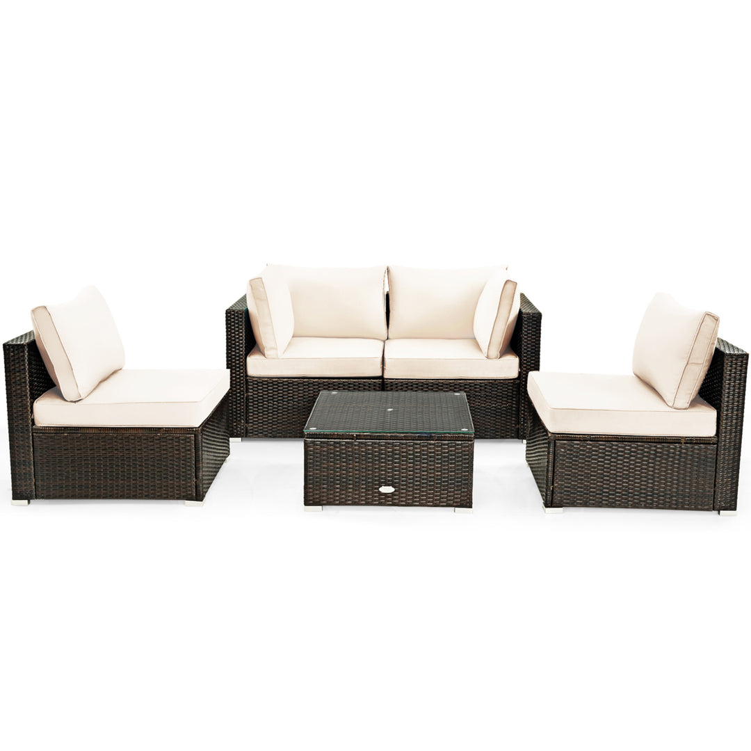 5PCS Rattan Patio Conversation Set Sofa Furniture Set w/ White Cushions Image 2