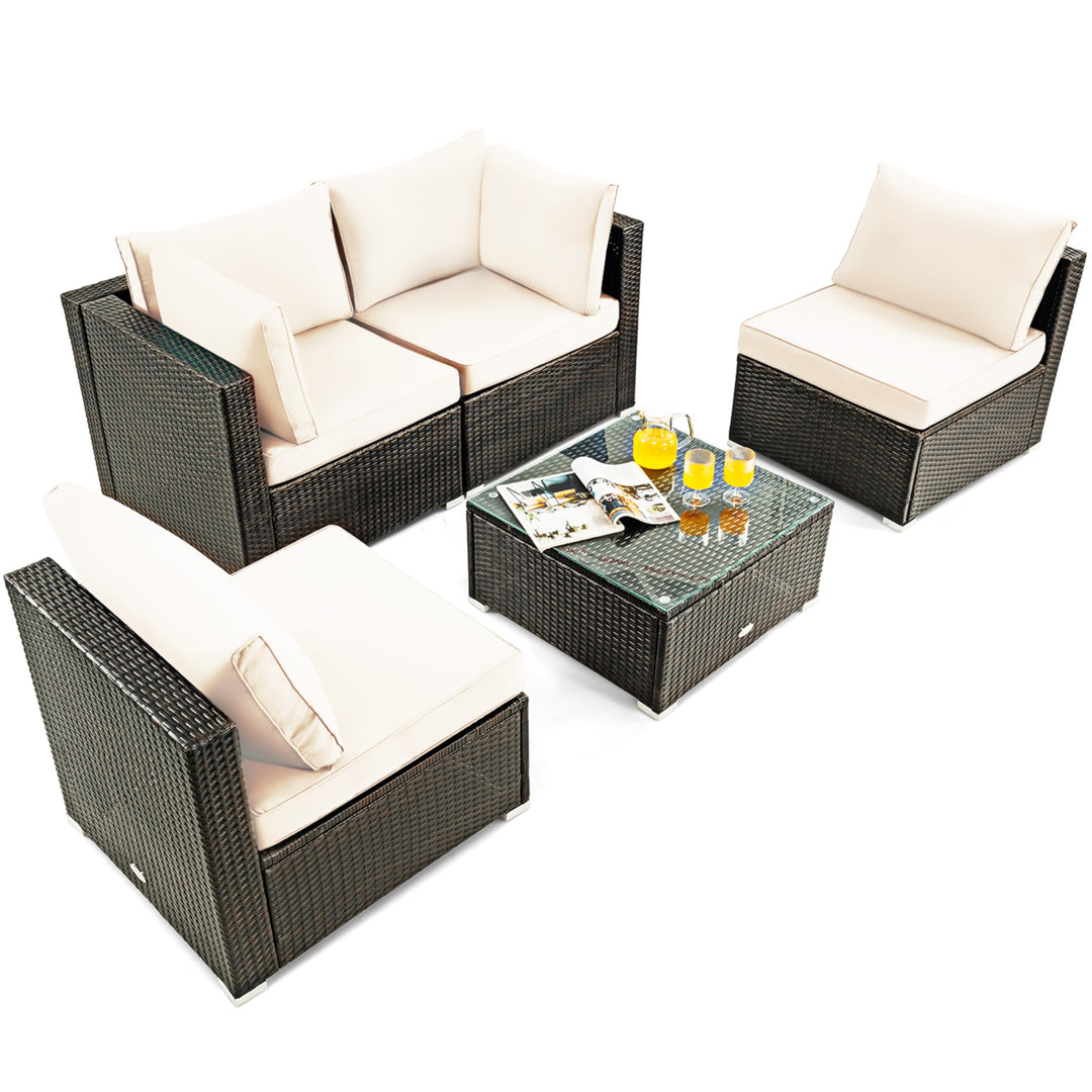 5PCS Rattan Patio Conversation Set Sofa Furniture Set w/ White Cushions Image 10