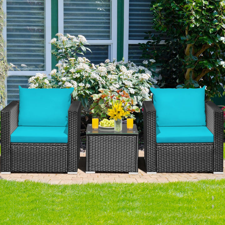 3PCS Rattan Patio Conversation Furniture Set Outdoor w/ Turquoise Cushions Image 1