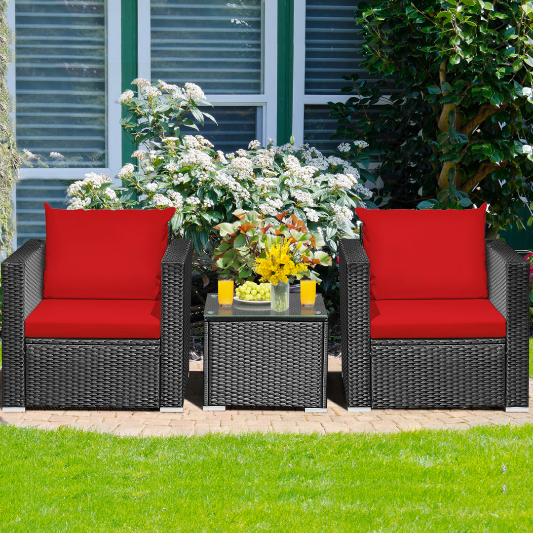 3PCS Rattan Patio Conversation Furniture Set Outdoor w/ Red Cushions Image 1