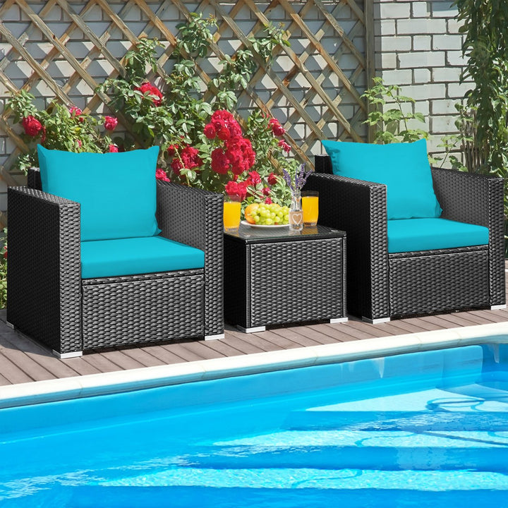 3PCS Rattan Patio Conversation Furniture Set Outdoor w/ Turquoise Cushions Image 3