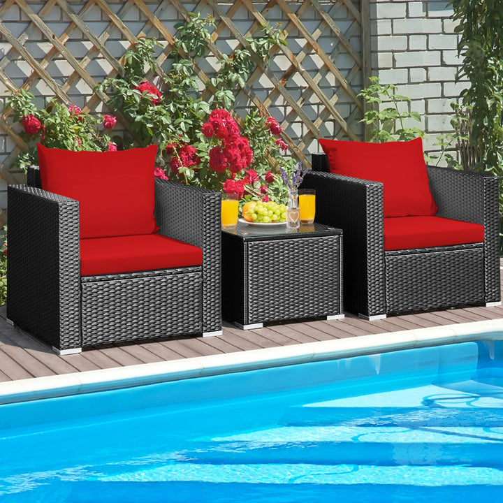 3PCS Rattan Patio Conversation Furniture Set Outdoor w/ Red Cushions Image 3