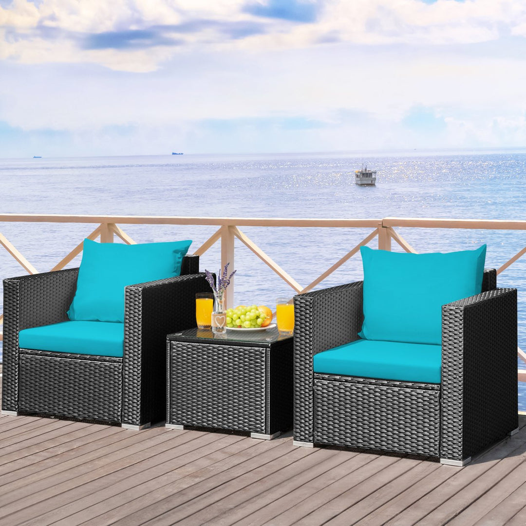 3PCS Rattan Patio Conversation Furniture Set Outdoor w/ Turquoise Cushions Image 4