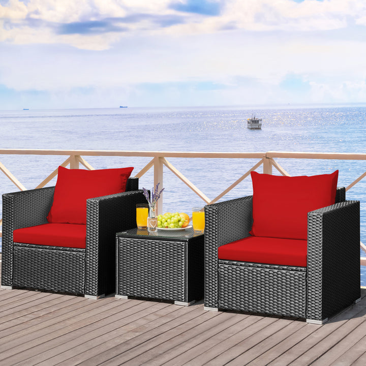 3PCS Rattan Patio Conversation Furniture Set Outdoor w/ Red Cushions Image 4