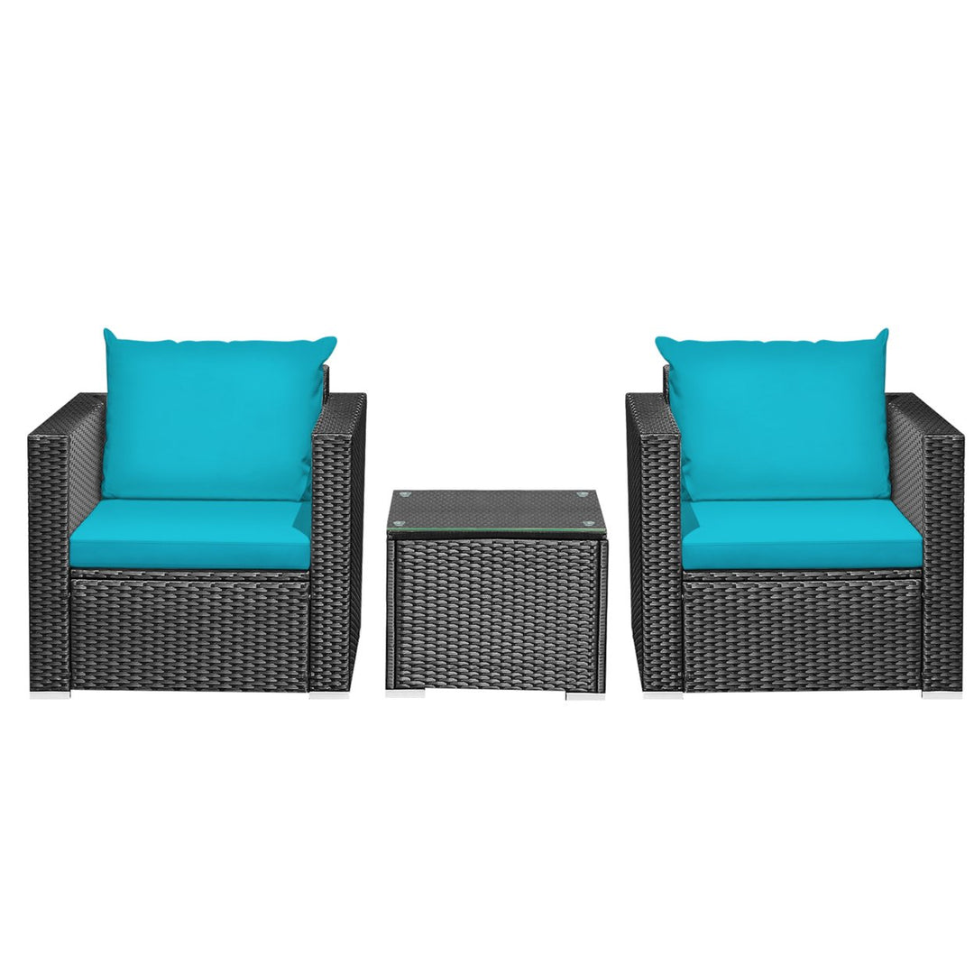 3PCS Rattan Patio Conversation Furniture Set Outdoor w/ Turquoise Cushions Image 5