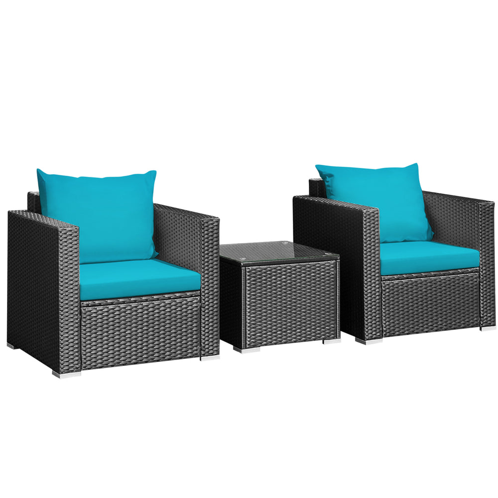 3PCS Rattan Patio Conversation Furniture Set Outdoor w/ Turquoise Cushions Image 2