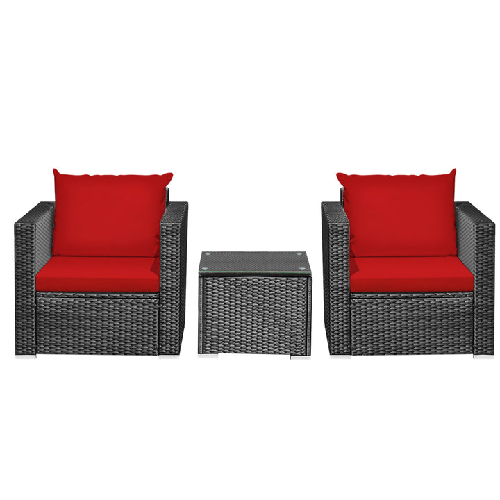 3PCS Rattan Patio Conversation Furniture Set Outdoor w/ Red Cushions Image 5