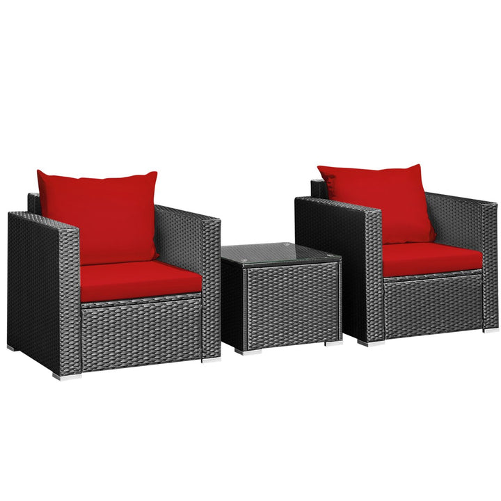 3PCS Rattan Patio Conversation Furniture Set Outdoor w/ Red Cushions Image 2