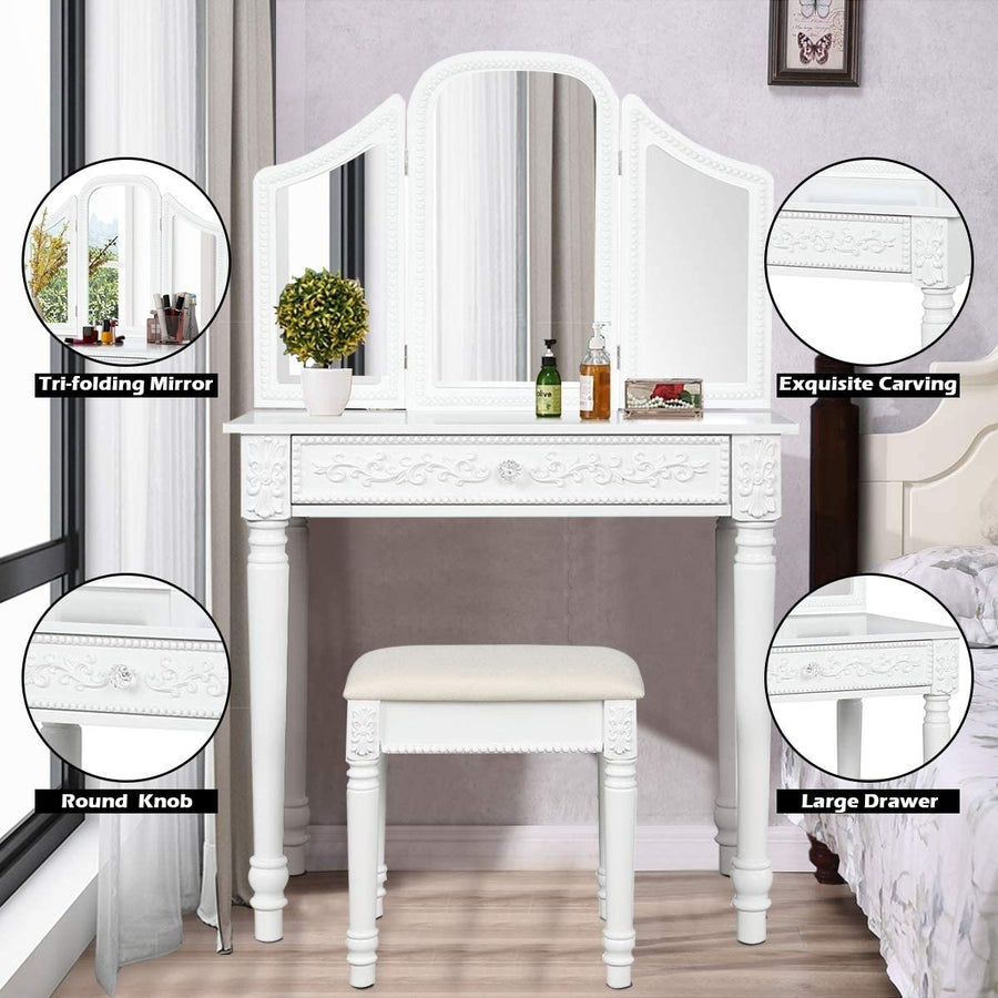 Vanity Set with Tri-Folding Mirror and Large Drawer with Removable Top Image 1