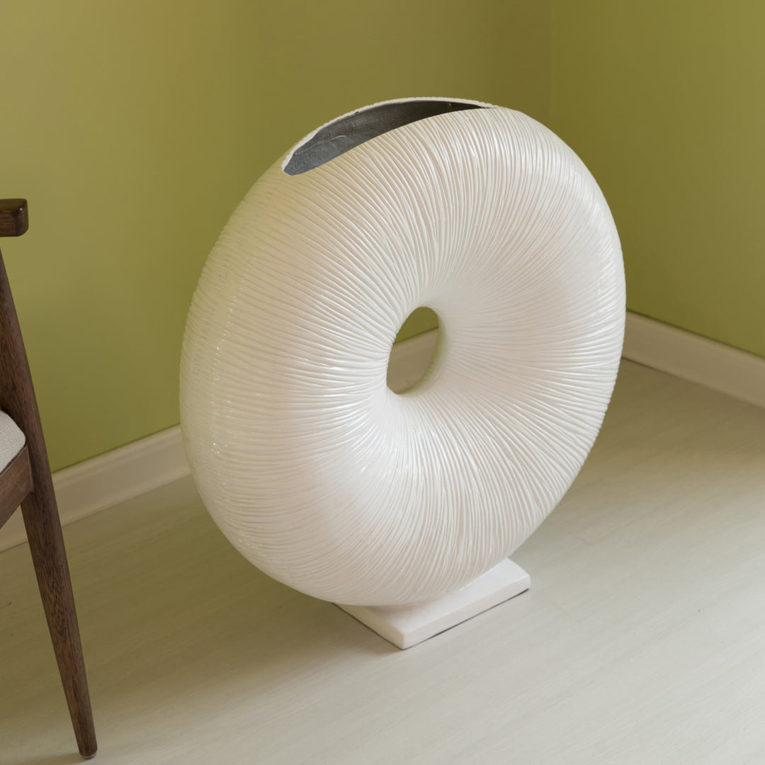 White Modern Round Flat Doughnut Hole Vase Image 5