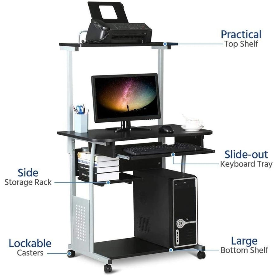 2 Tier Computer Desk with Printer Shelf and Keyboard Tray Image 1