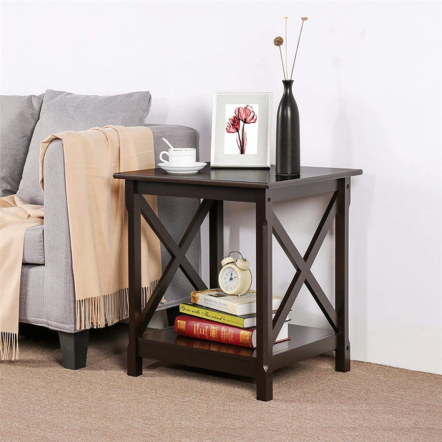 2 Tier End Table with Storage Shelf in Classic X-Design Image 1