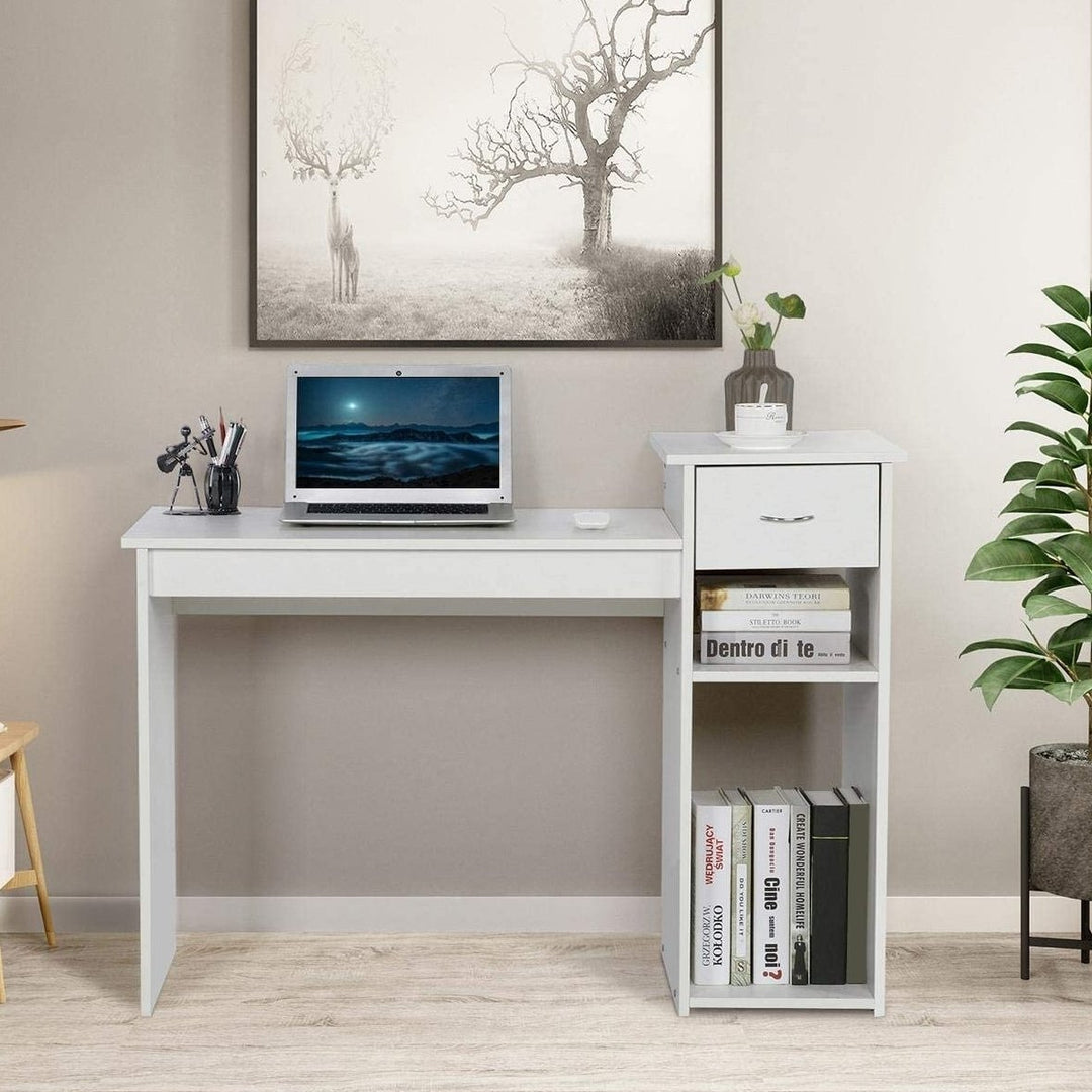 White Computer Desk with Drawers and Printer Shelves Image 1