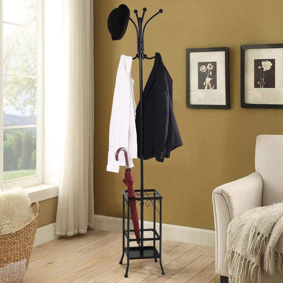 8 Hook Coat Hat Rack with Umbrella Stand Image 1