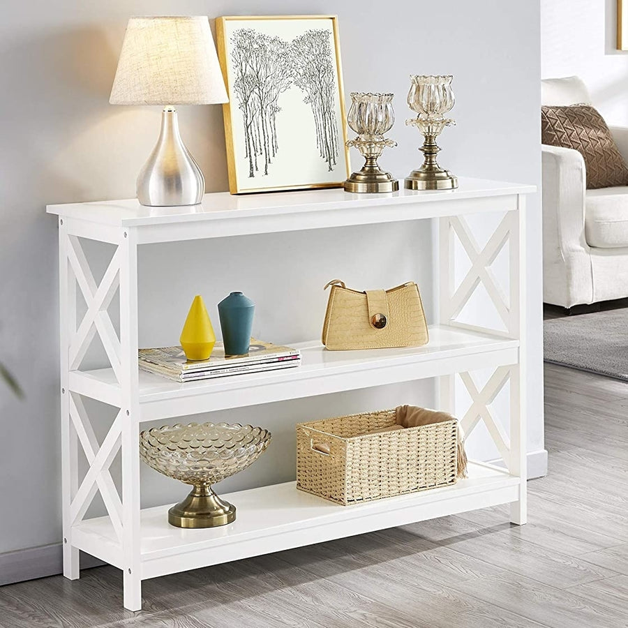 Long Console Sofa Table X Design Narrow Entryway Hallway Table w/ 3 Storage Shelves Image 1