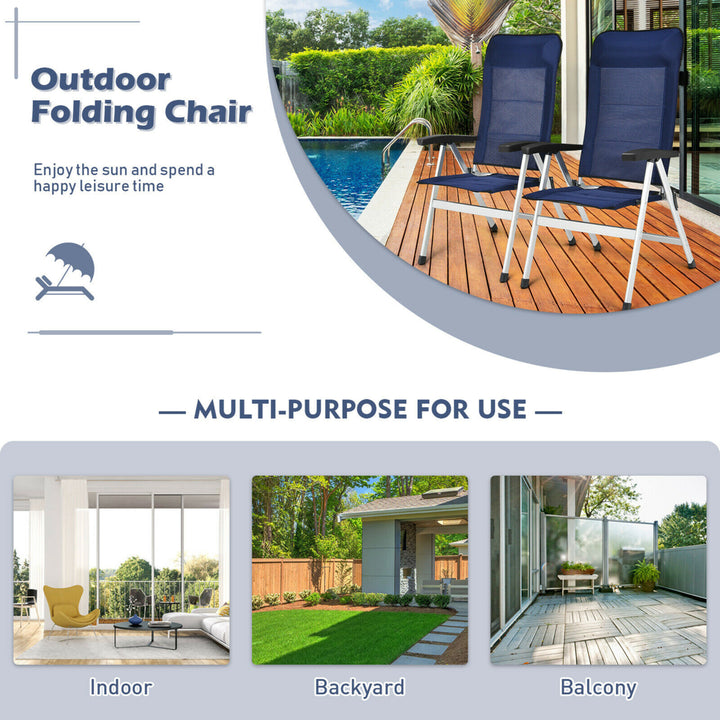 2PCS Patio Dining Chair Aluminum Camping Adjust Portable Headrest Navy Image 5