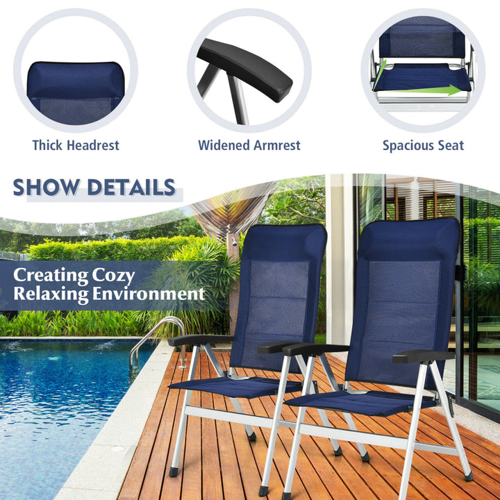 2PCS Patio Dining Chair Aluminum Camping Adjust Portable Headrest Navy Image 7