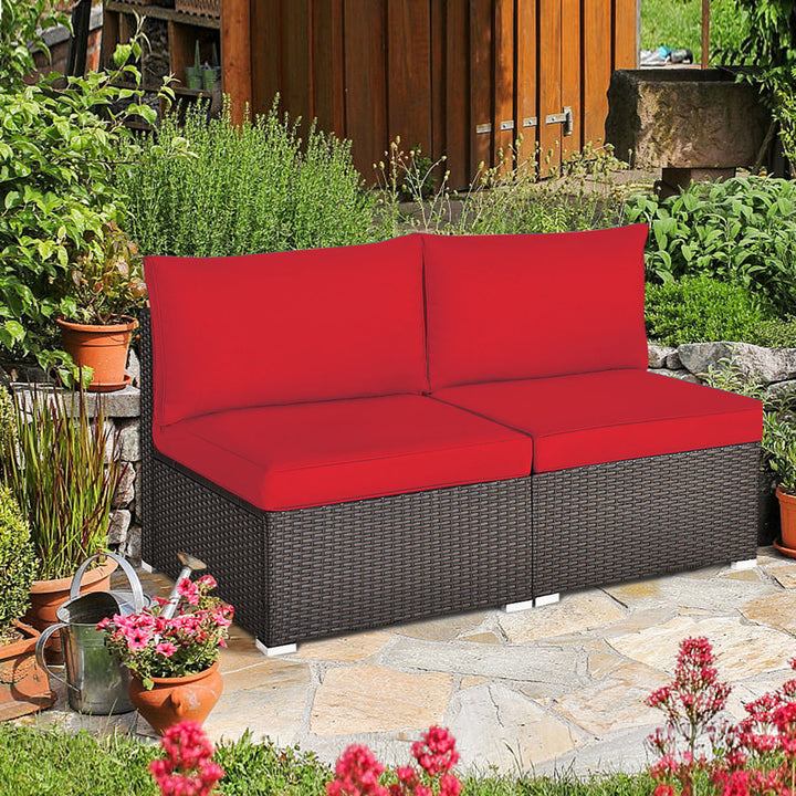 2PCS Patio Wicker Rattan Sectional Armless Chair Sofa w/ Red Cushion Image 1