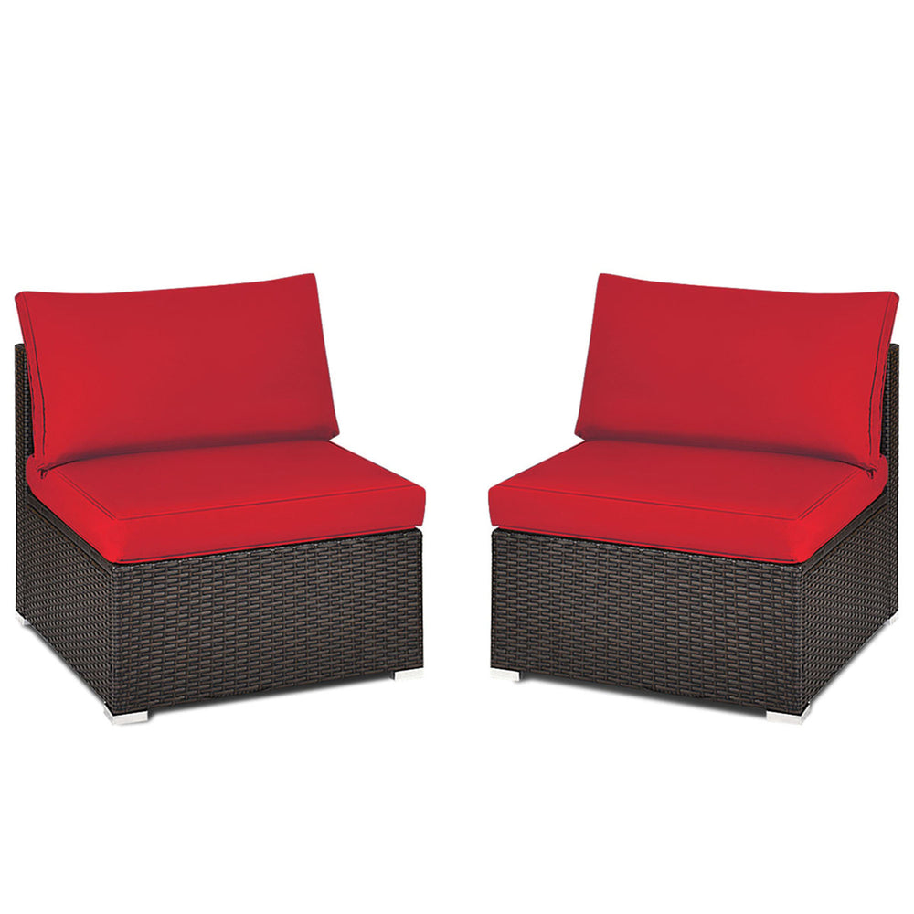 2PCS Patio Wicker Rattan Sectional Armless Chair Sofa w/ Red Cushion Image 2