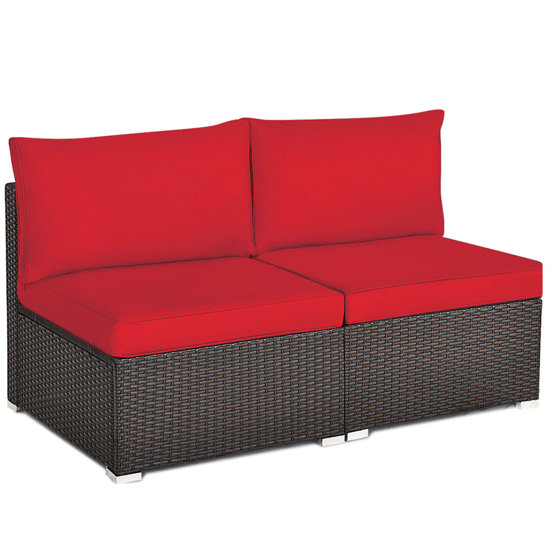 2PCS Patio Wicker Rattan Sectional Armless Chair Sofa w/ Red Cushion Image 5