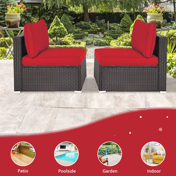 2PCS Patio Wicker Rattan Sectional Armless Chair Sofa w/ Red Cushion Image 6