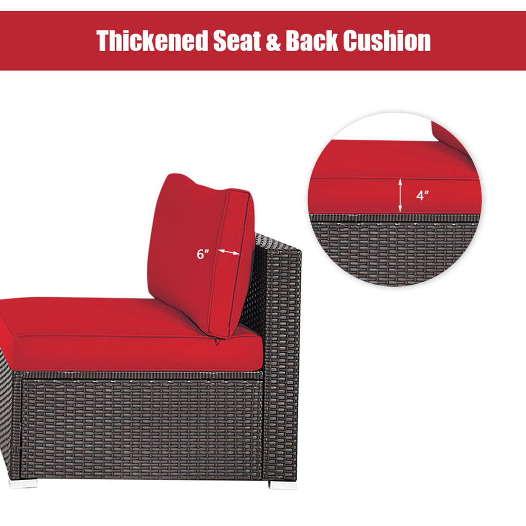 2PCS Patio Wicker Rattan Sectional Armless Chair Sofa w/ Red Cushion Image 9