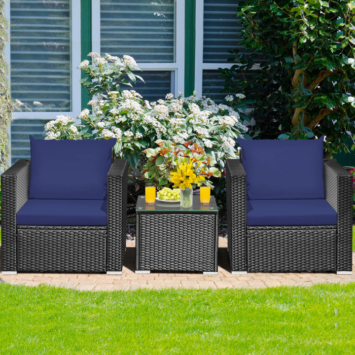 3PCS Rattan Patio Conversation Furniture Set Outdoor w/ Navy Cushions Image 1