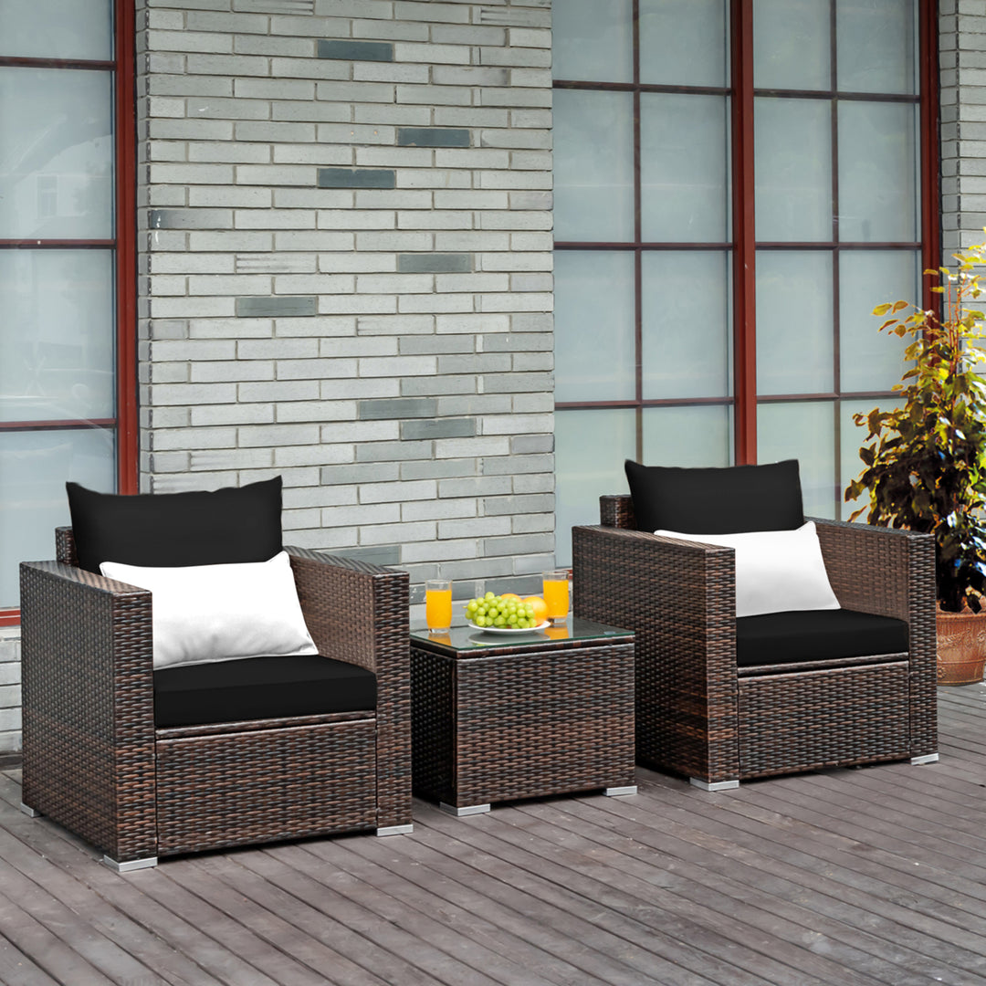 3PCS Rattan Patio Outdoor Conversation Furniture Set w/ Black Cushions Image 1