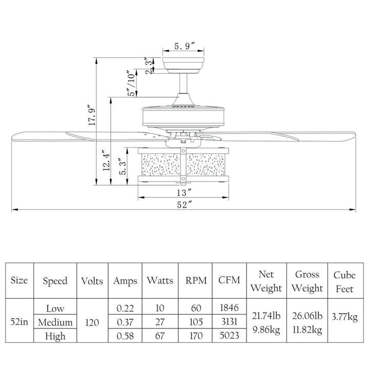 52 Retro Ceiling Fan Lamp w/Glass Shade Reversible Blade Remote Control Image 2