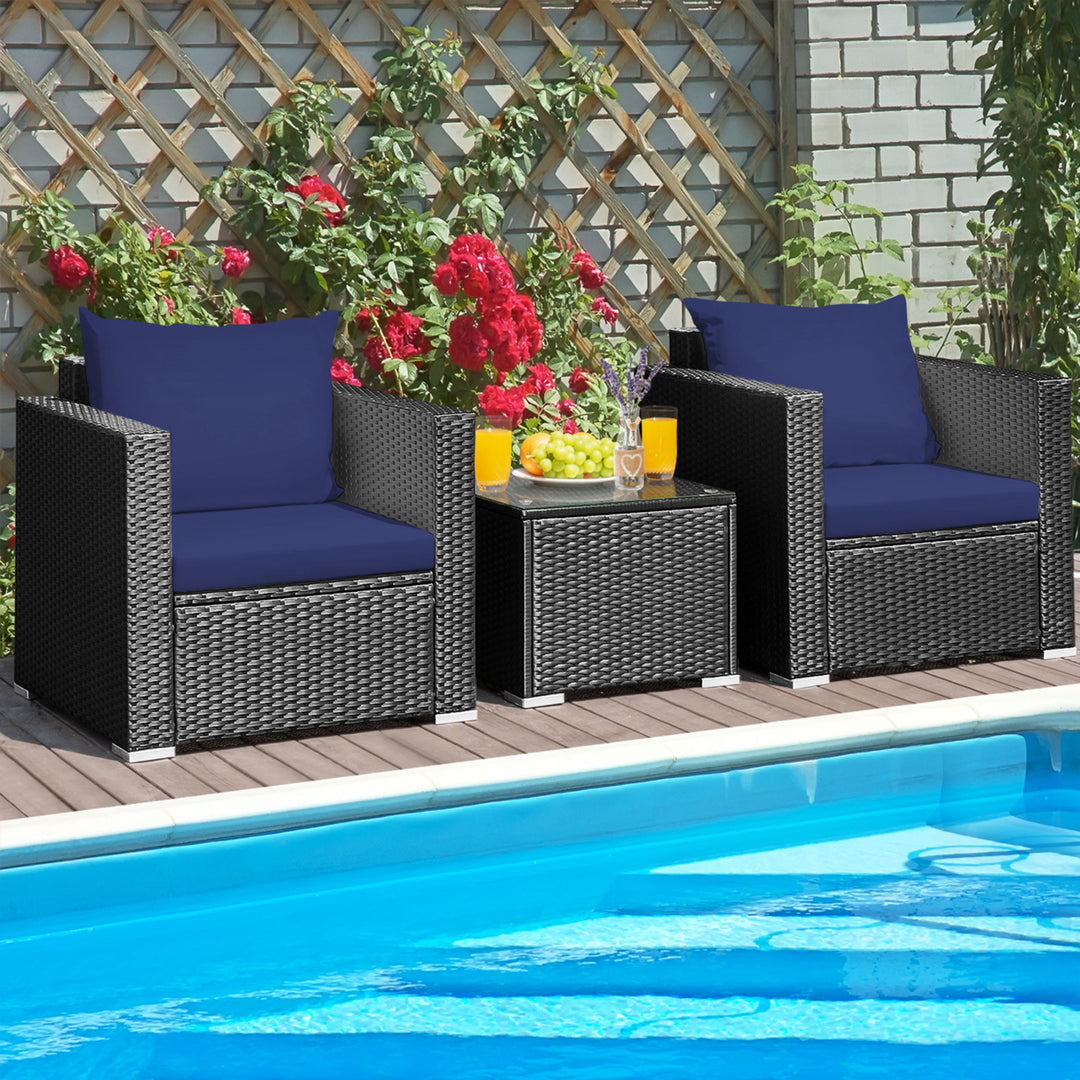 3PCS Rattan Patio Conversation Furniture Set Outdoor w/ Navy Cushions Image 3