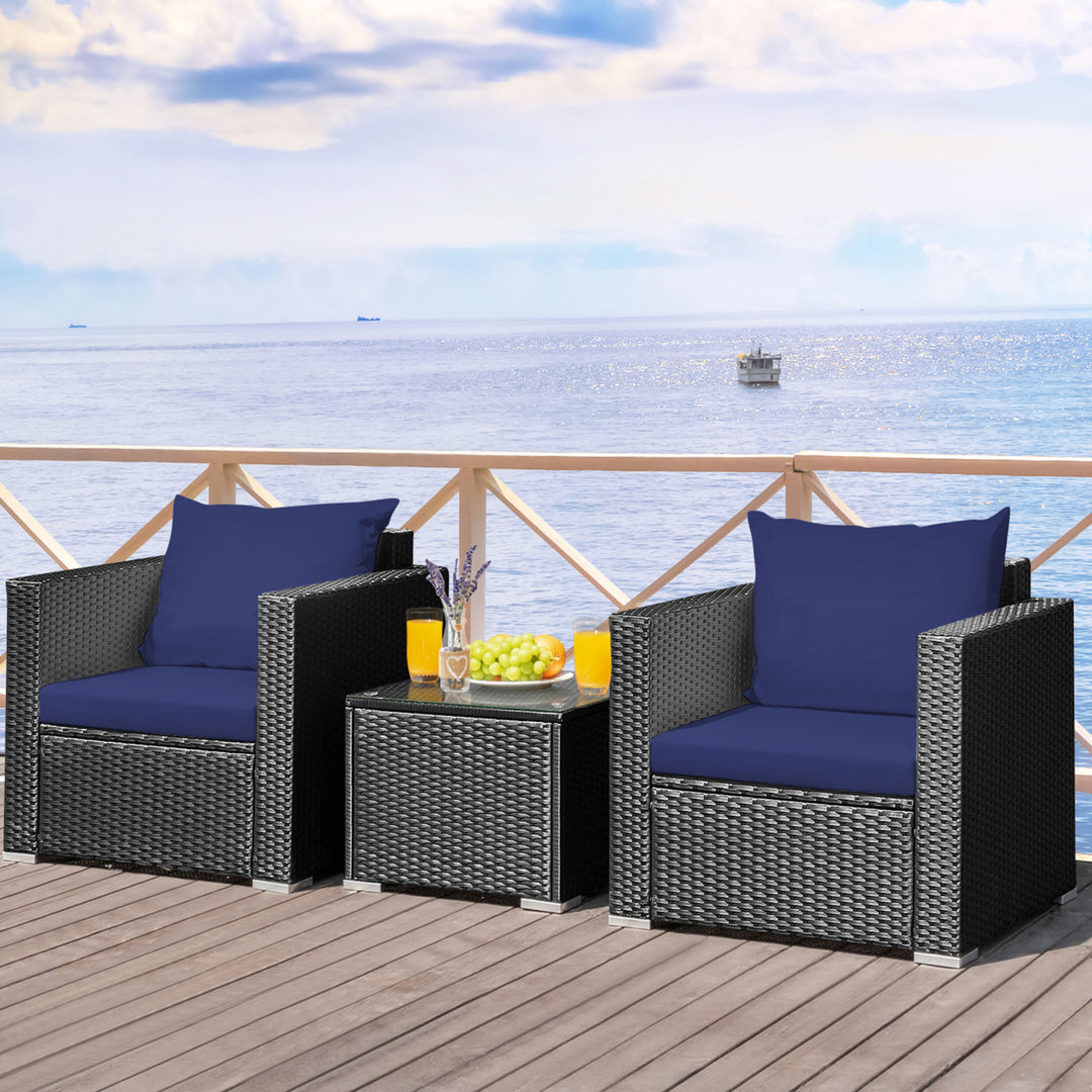 3PCS Rattan Patio Conversation Furniture Set Outdoor w/ Navy Cushions Image 4