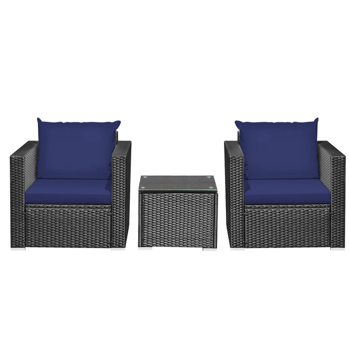 3PCS Rattan Patio Conversation Furniture Set Outdoor w/ Navy Cushions Image 5