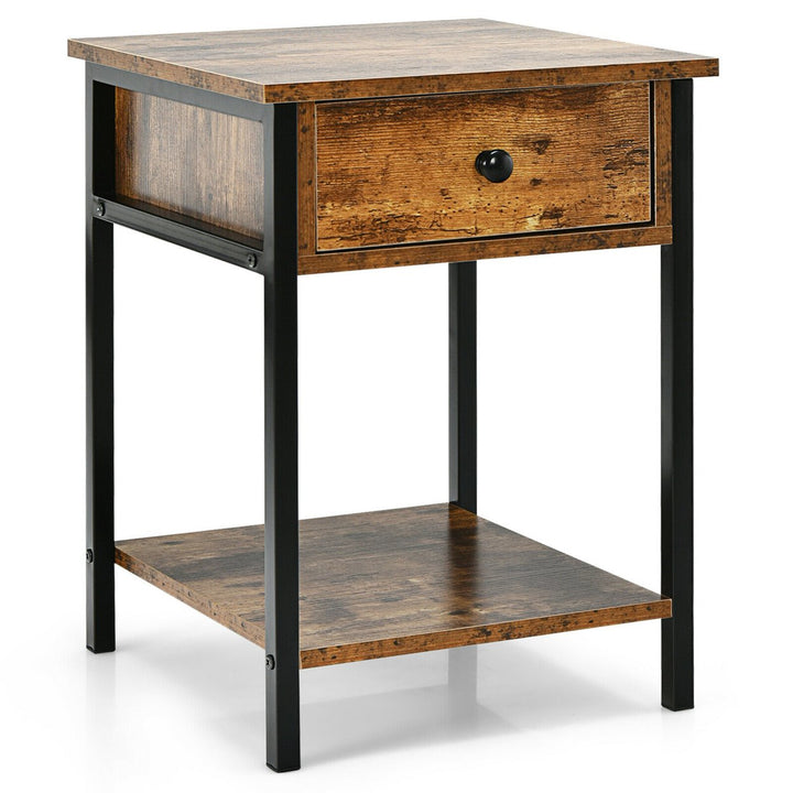 Industrial End Side Table Nightstand with Drawer Shelf Rustic Brown Image 1