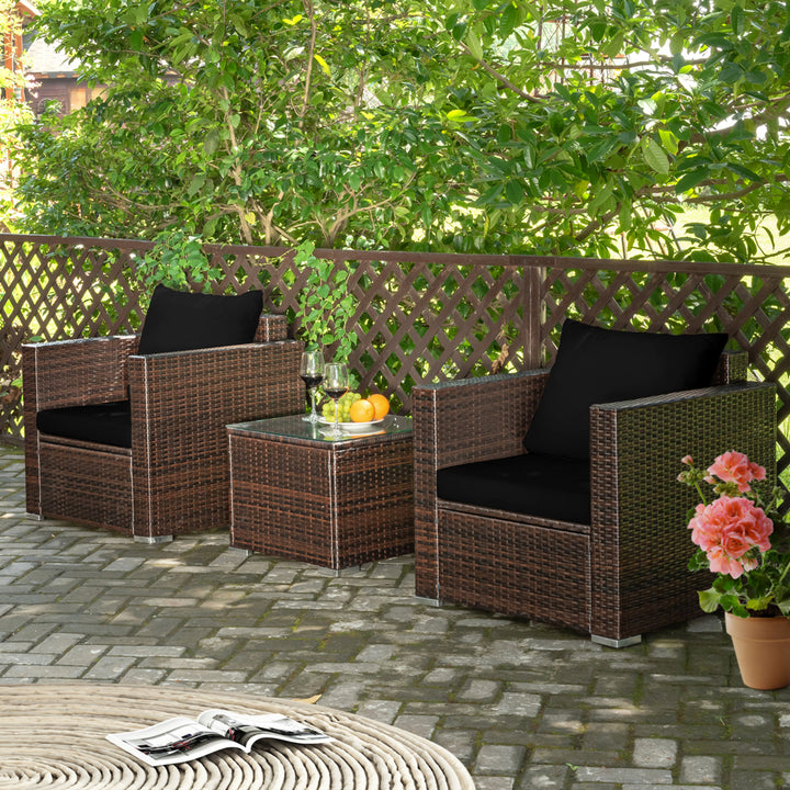 3PCS Rattan Patio Outdoor Conversation Furniture Set w/ Black Cushions Image 4