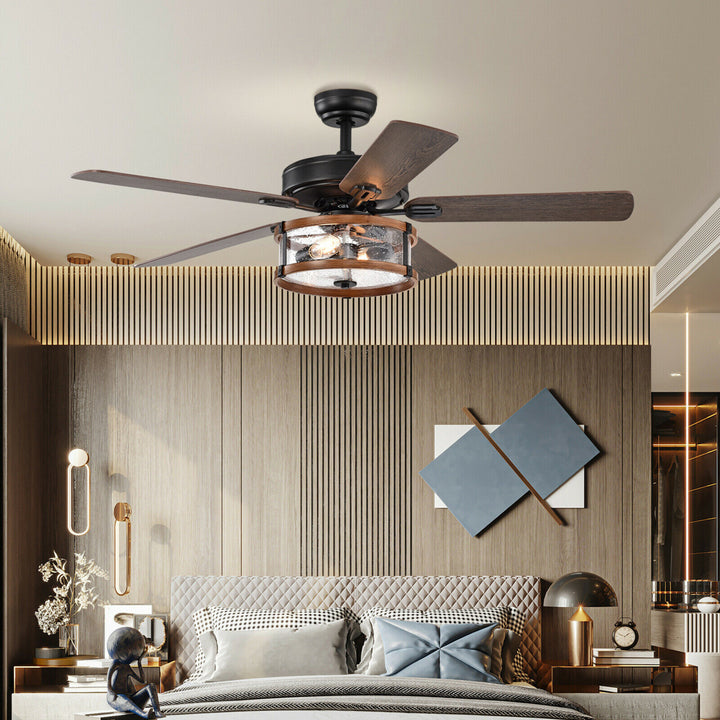 52 Retro Ceiling Fan Lamp w/Glass Shade Reversible Blade Remote Control Image 5