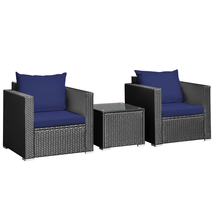 3PCS Rattan Patio Conversation Furniture Set Outdoor w/ Navy Cushions Image 2