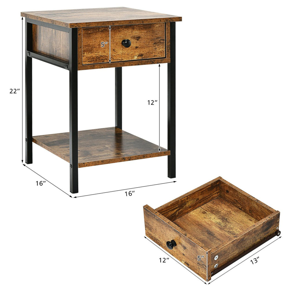 Industrial End Side Table Nightstand with Drawer Shelf Rustic Brown Image 2