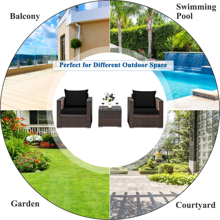 3PCS Rattan Patio Outdoor Conversation Furniture Set w/ Black Cushions Image 5