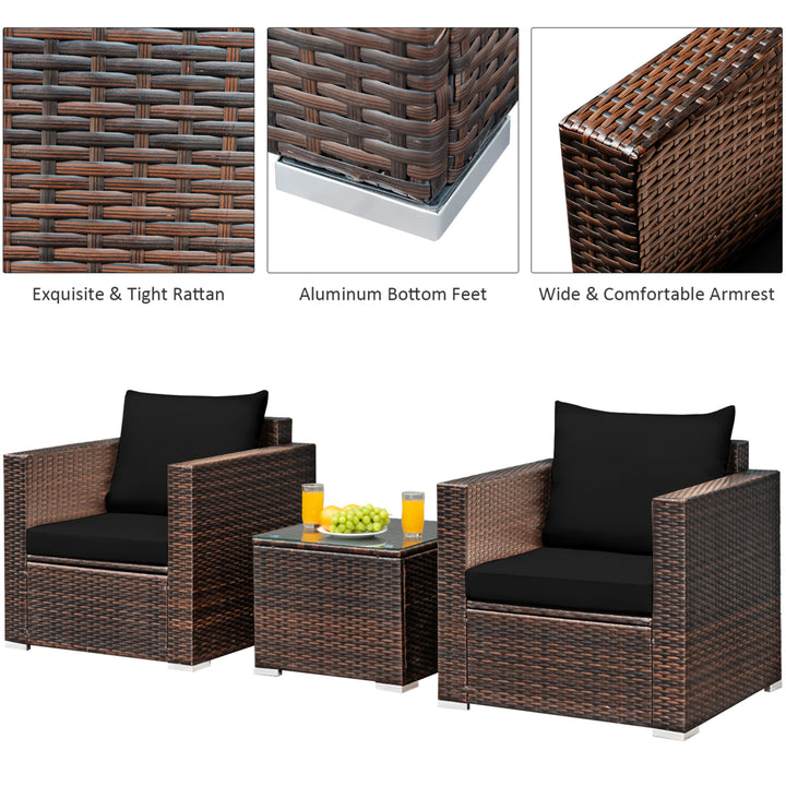 3PCS Rattan Patio Outdoor Conversation Furniture Set w/ Black Cushions Image 7