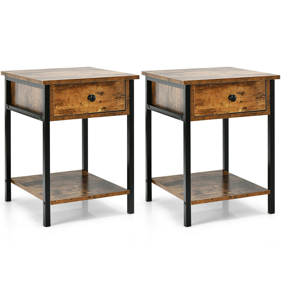 2PCS Industrial End Side Table Nightstand with Drawer Shelf Rustic Brown Image 1