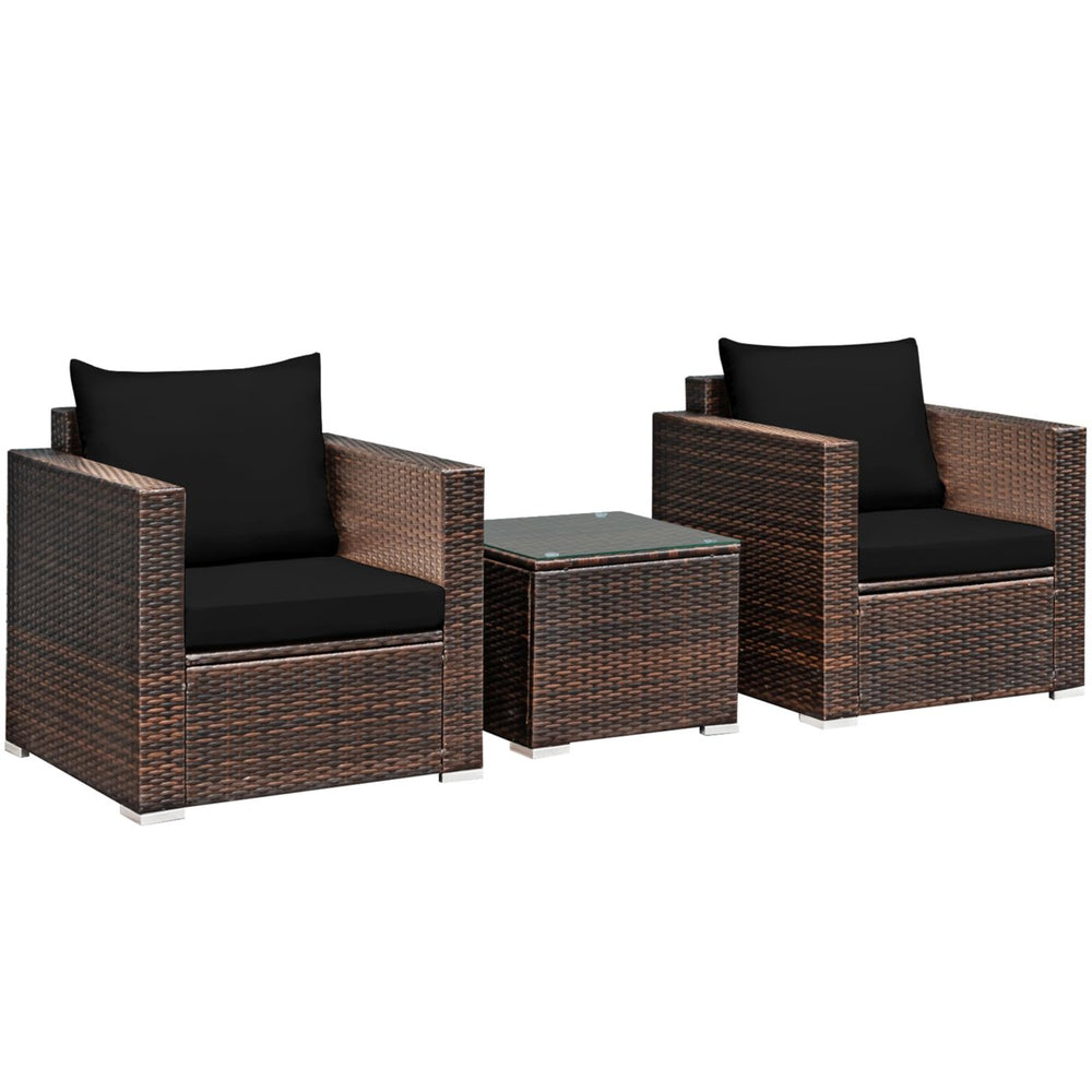 3PCS Rattan Patio Outdoor Conversation Furniture Set w/ Black Cushions Image 2