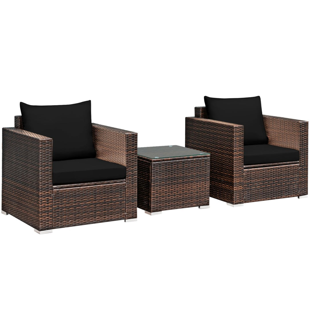 3PCS Rattan Patio Outdoor Conversation Furniture Set w/ Black Cushions Image 2